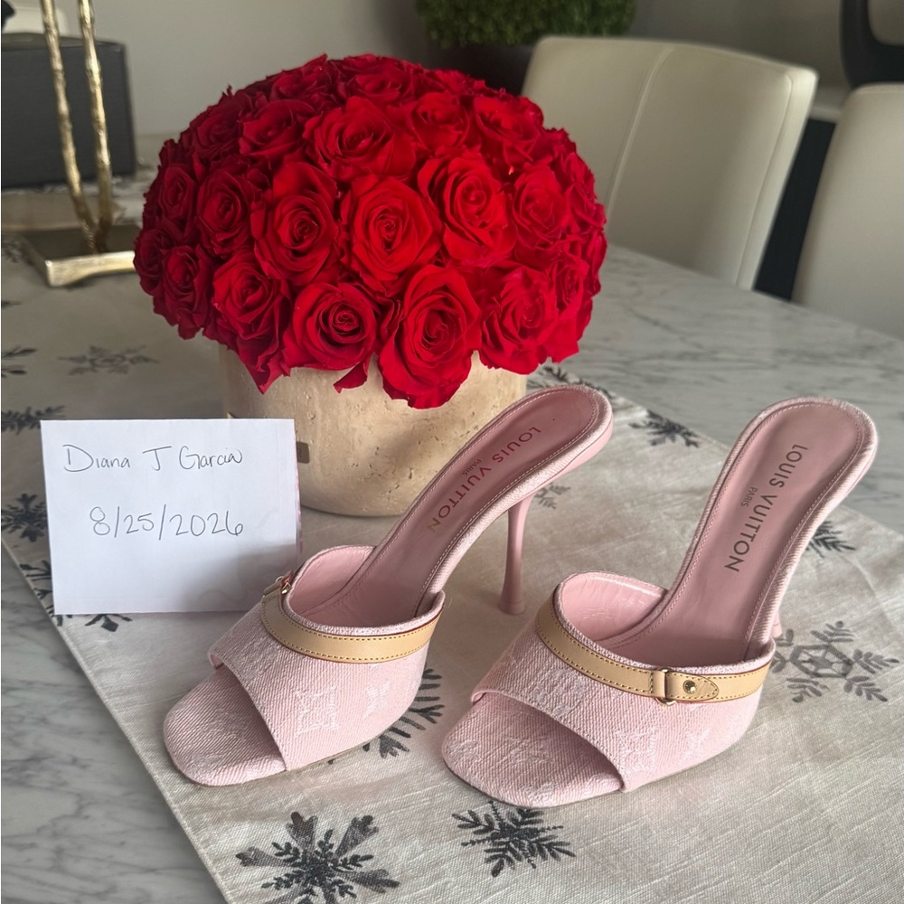 Louis Vuitton Pink Open-Toe Slide Heels with Tan Trim & Buckle